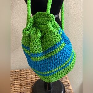 Hand Crochet String Back Pack Blue Lime Green Lined Retro 70’s Vibe